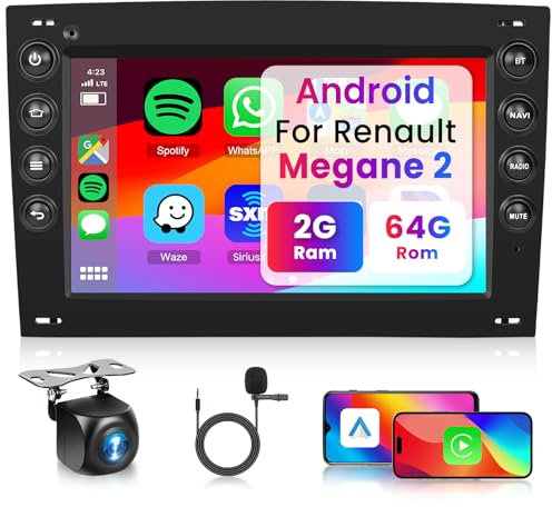 Hodozzy 2G+64G Radio de Coche para Renault Megane 2 2002-2009 con Carplay Android Auto Mirrorlink Inalámbrico, Radio 2 DIN Pantalla Táctil de 7 Pulgadas con Bluetooth GPS WiFi FM/RDS HiFi Cámara