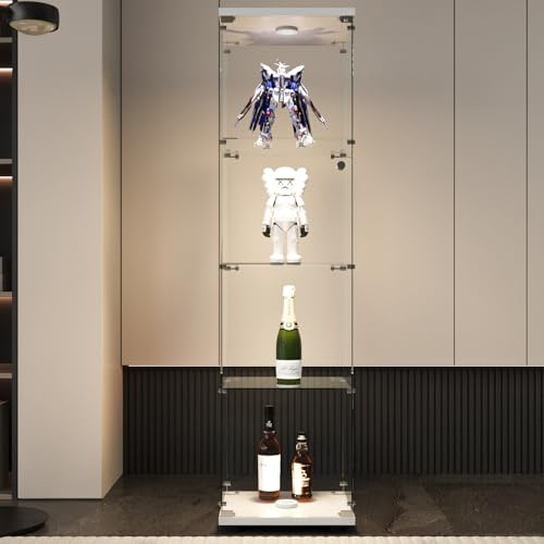 Fofetbfo Glasvitrine mit Spiegel, 4 Schichten, Glasvitrine mit LED und Schloss, transparent, Glasschrank mit 2 Türen, Sammlervitrine (Weiß, mit LED – klein)