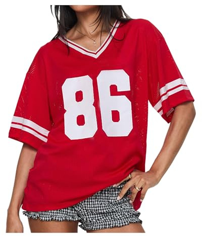 Damen Y2K Basketball-T-Shirt, kurzärmelig, V-Ausschnitt, Zahlendruck, übergroßes T-Shirt, lockeres Blokecore-Jersey, Shirt, ästhetische Streetwear
