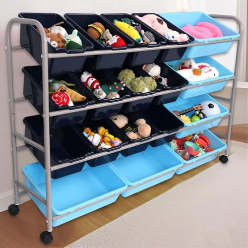 Kids Toy Storage Organizer, 4 Layers Multipurpose Metal Toy Storage Rack with 18 Detachable Plastic Large Small Bins for School Playroom Nursery Kids Room (Blue)