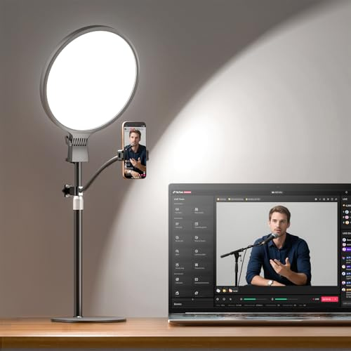 1300 Lumens Ring Light with Stand for Desk, Computer & Laptop – Podcast & Streaming Light with Flexible Phone Holder, CRI 98+ Bright Yet Soft Influencer Light for Video Recording, Conference & Calls