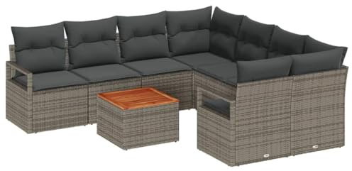 vidaXL Garten-Sofa-Set mit Kissen 9 pcs Grau Poly Rattan, Garten und Terrasse, modernes Rattan-Sofa-Set, Flexibles Lounge-Möbel, höhenverstellbare Füße, haltbare Sitzgruppe