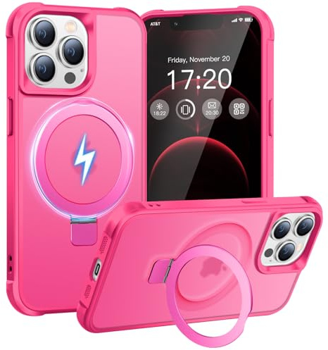 BENTIACC Coque pour iPhone 12/13 Pro Max Magnétique Support 120°, Rose Vif | N52 2800G, choc militaire, anti-rayures, anti-empreintes, antidérapant, résistant à la poussière – mains libres