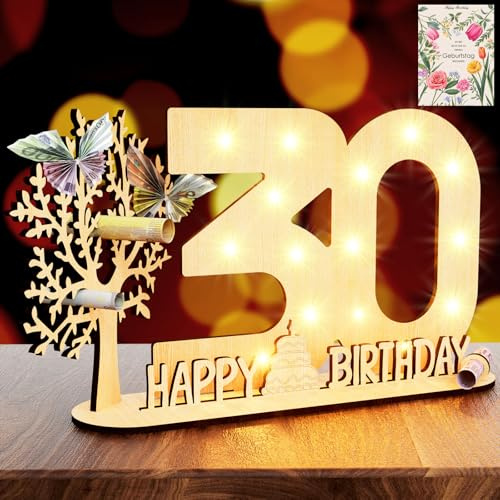 Originelle 30 Geburtstag Geschenk Mädchen & Jungen-geschenk zum 30 | 30 Geburtstag Deko mit LED Lichterkette Holz-Schild HAPPY BIRTHDAY Ständer & Gästebuch-Personalisierbares Geschenk