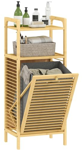 HOMCOM Bamboo Laundry Cabinet Slatted Door 40x30Dx95 cm Natural Wood Finish