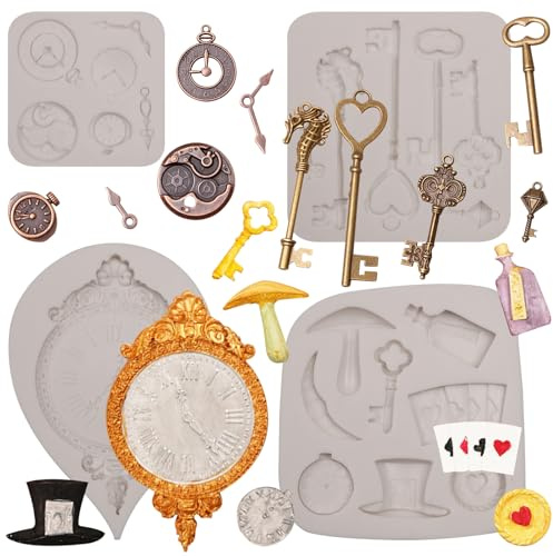Lot de 4 décorations de gâteau au pays des merveilles - Chapeau, cartes à jouer, poker - Moules en silicone vintage - Porte-clés vintage - Moules à chocolat pour cupcakes, sucre, bonbons, chewing-gum