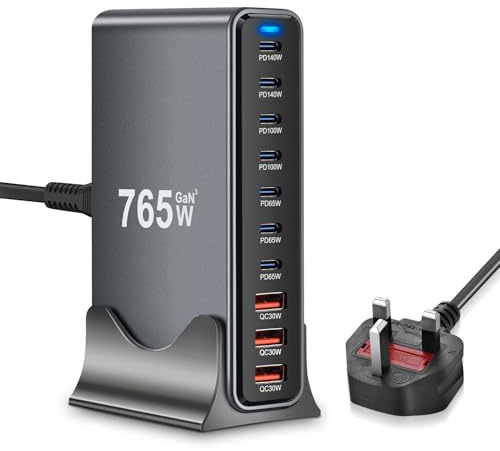 765W USB C Charging Station Hub, 10-Port GaN Multi Charger Station, Fast USB Charger with PD 140W 100W 65W, Desktop USB Power Hub Compatible with MacBook i-Phone Galaxy i-Pad Laptop