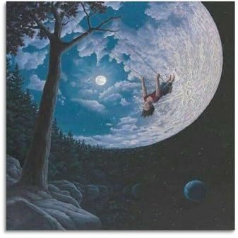 YiXong Poster Rob Gonsalves Over The Moon, dekoratives Gemälde, Leinwand, Wandposter und Kunstdruck, modernes Familienschlafzimmer, Dekoration, Poster, 50 x 50 cm
