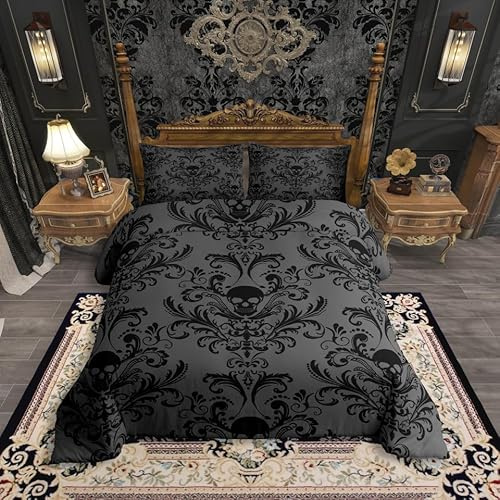 Homewish Erwachsene Gothic Totenkopf Bettwäsche 135x200 Schwarz Damast Bettwäsche Gothic Vintage Blumen Exotische Schädel Bohemian Bettbezug Antikes Viktorianisches Barock Bettwäsche-Set Grau 2 Teilig