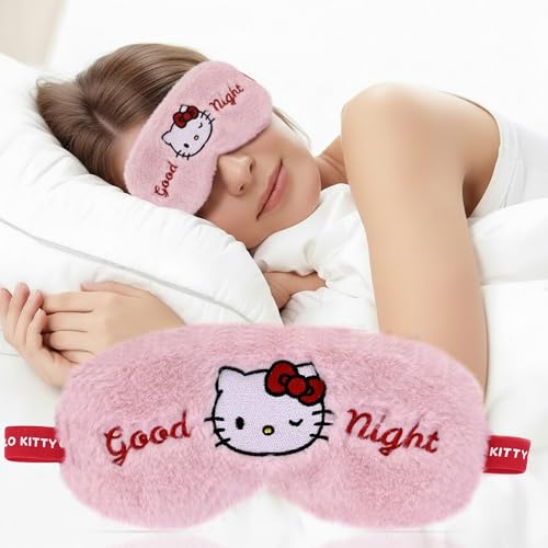 [ Test SEHR GUT, Note 1.1 *] Hello Kitty Schlafmaske Plüsch – Weiche Augenmaske & Schlafbrille für Damen & Mädchen – Nachtmaske zum Schlafen, Reisen, Entspannen & Ausruhen – Süßes Kawaii Design