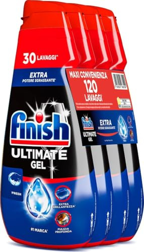 Finish Ultimate Gel, Detersivo per Lavastoviglie, 120 Lavaggi, 4 confezioni da 30 Lavaggi, Fresh, Extra Potere Sgrassante, Extra Brillantezza, Pulizia Profonda