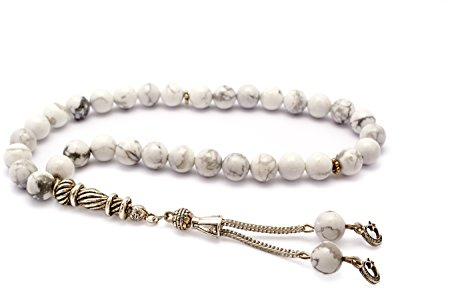Hochwertige Gebetskette - Tesbih Tasbih 33 Perlen Mond & Stern Anhänger - Marmor Weiss