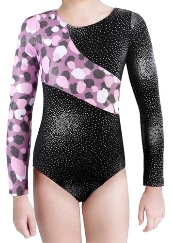 XiaoMoSha Gymnastikanzug Kinder Mädchen Langarm, Mädchen Ballettkleidung Gymnastik Training Dancewear, für Den Verein Kinder Tanzen, Lila, für 5-6 Jahre