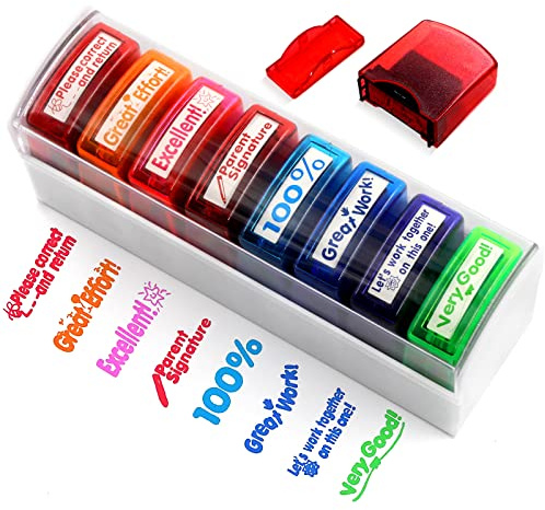 Newthinking Teacher Stamps 8 Pack, School Teacher Reward Stamp for Marking | 8 Colourful Comments, Self-Inking Reward Stamps with Storage Tray, Clear Ink, Teacher Supplies Gifts