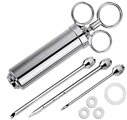 DPWELL Marinierspritze Edelstahl,60ml BBQ Bratenspritze mit 3 Nadeln + 4 Ersatz-O-Ringe für Rind, Huhn, Gebäck mit Marmelade zu befüllen
