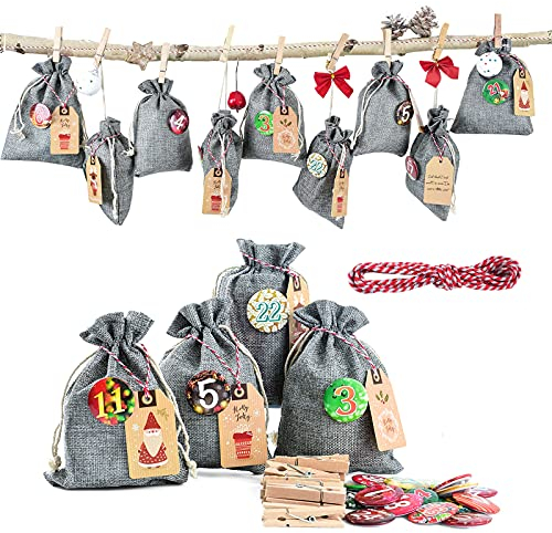 Adventskalender zum Befüllen, Weihnachtskalender Jutesäckchen zum Selberfüllen, 24 Geschenksäckchen Kette zum selber befüllbar und Aufhängen (Grau, 10 x 14 cm)