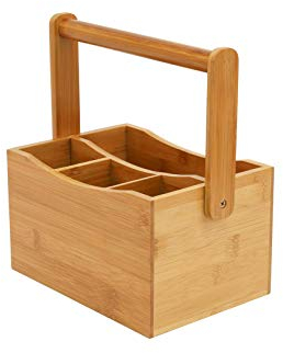 OSCO Bamboo Mobile Caddy | 4 Compartments | Stationery Organiser | Arts and Crafts Storage | Cutlery and Condiment Holder | Kitchen Utensil | H26 x W21.5 x D15.3 cm |