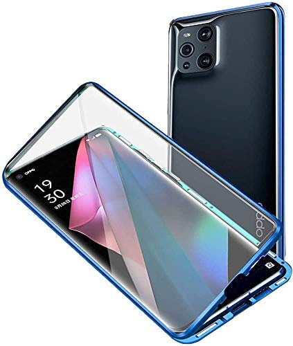 Hülle für Oppo Find X3 Pro 5G Handyhülle Magnetische Adsorption 360 Grad Schutz Hülle Ultra dünn Metallrahmen Schutzhülle Vorne und Hinten Transparent Gehärtetem Glas Schutz Metal Flip Cover,Blau