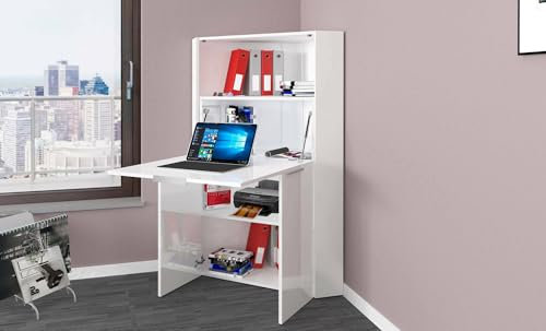 Dmora - Scrivania Gianmaria, Mobile Multiuso con scaffali e Piano da Lavoro, Tavolo Multiuso per Ufficio, Scrivania salvaspazio Multiposizione, 100% Made in Italy, cm 70x57h140, Bianco Lucido