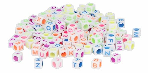 Kunststoffperlen, Würfel weiße Buchstaben sortiert, 6 mm, 1000 Stück