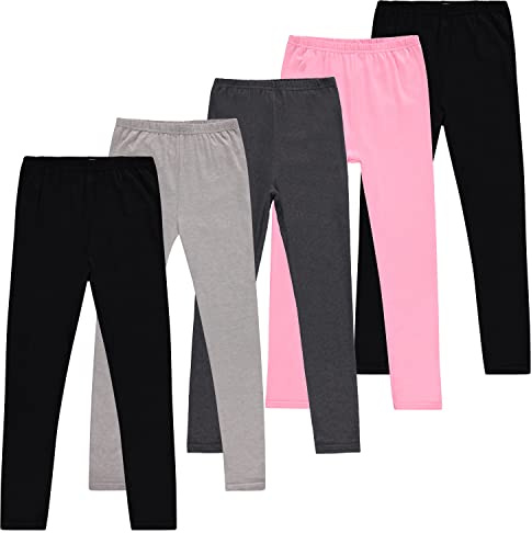 Girls Leggings, Cotton Spandex Stretch Pants - Kids Dance, Yoga and Ballet Tights, 5-Pack/Black, Grey, Pink - Medium 5/6