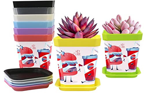8er-Pack Plastic Plant Seedlings Nursery Pot Barber Tools Hamburger And Cola Character Pattern , Flower Planter Pot with Tray,8 Colors
