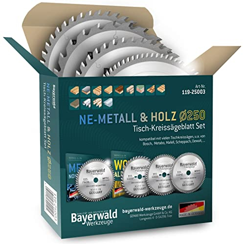 Bayerwald Kreissägeblatt Set Ø250 (4 tlg.) - für NE-Metall & Holz - geeignet für Tischkreissägen von Bosch, Metabo, Mafell, Scheppach, Dewalt uvm.