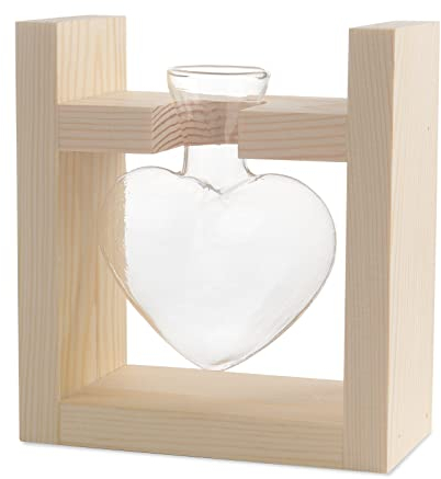 Vase en verre transparent en forme de cœur, vase en verre avec support en bois massif, station de propagation de plantes hydroponiques pour jardin, bureau, décoration de mariage, terrarium