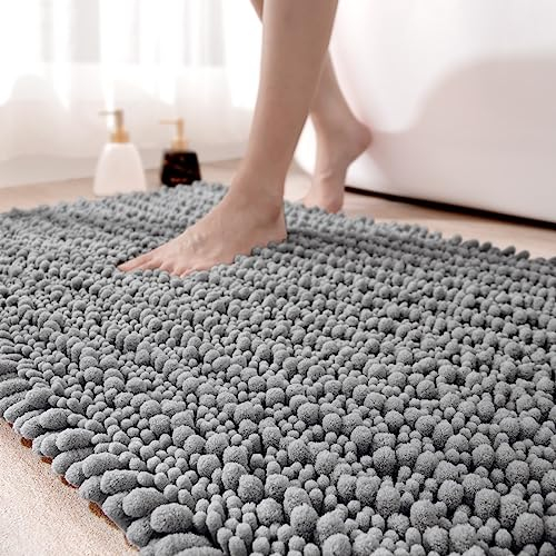 DEXI Badezimmerteppich 60 x 110 cm,Chenille Badematte rutschfest,weicher Badvorleger Maschinenwaschbar,Super absorbierend Badteppich für Badewanne,Dusche und Badezimmer, Grau