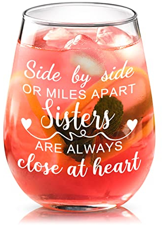 Joymaking Sister Gifts 15 oz Stemless Wine Glass Best Friend Birthday Gifts - Side by Side or Miles Apart Sisters are Always Close at Heart, Personalised Gifts for Her Birthday Graduation Christmas