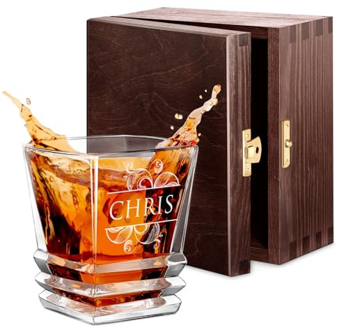 Maverton Engraved Whisky Glass for Man, 280 ml Tumbler with Engraving, Name | Personalised Glassware for him, for Birthday, Ornamental Design, Geometric Tumbler for Brother
