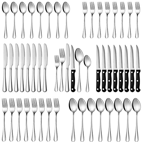 Soleebee Ensemble de couverts pour 8 personnes, 48 pièces en acier inoxydable poli miroir avec couteau à steak, fourchette, cuillère, passe au lave-vaisselle, pour la maison, mariage, banquet