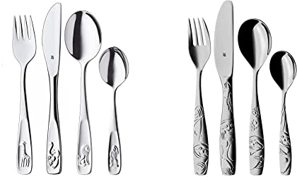 WMF Tiere Kinderbesteck Set Set 4-teilig & Faultier Kinderbesteck Set 4-teilig, Kinderbesteck Edelstahl, Besteck Kinder ab 3 Jahre, Cromargan poliert, spülmaschinengeeignet