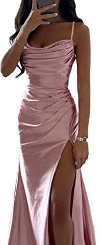 ORANDESIGNE Robe de Soirée Longue Femme en Satin sans Manches Dos Nu Fendue Couleur Unie élégante Robe Maxi Bretelles Spaghetti Fendue Bal Mariage Cocktail Party Dress A Rose XS
