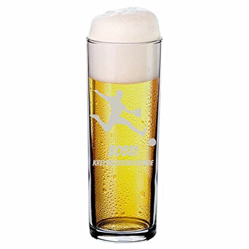 LUXENTU Bierglas mit Gravur, Kölsch-Glas/Kölner Stange mit 0,2 Liter Eichung, Persönliche Lasergravur mit Name & Fußball-Motiv, Stürmer mit Bierkrug