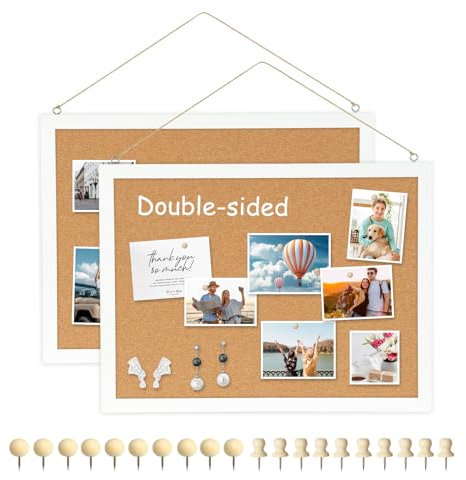 DOLLAR BOSS Cork Board Pin Board 30 X 40CM 2-Pack Double-Sided Cork Board for Walls Wood Framed Picture Display Notice Board for Home Kitchen Office Decorative Hanging Vision Board 20 Pushpins