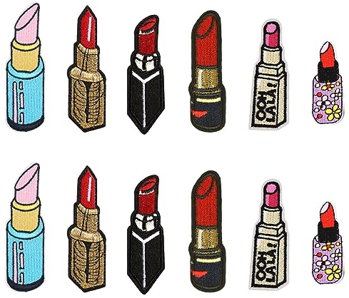 JKJF 12 Stück Lippenstift Patches Lippenstift Aufbügeln Bügelbild Kosmetik Aufnäher Applikation Schminke Stickerei Patches für Kleidung Rucksack Schuhe Jacke Jeans Hut Kleid - 6 Stile