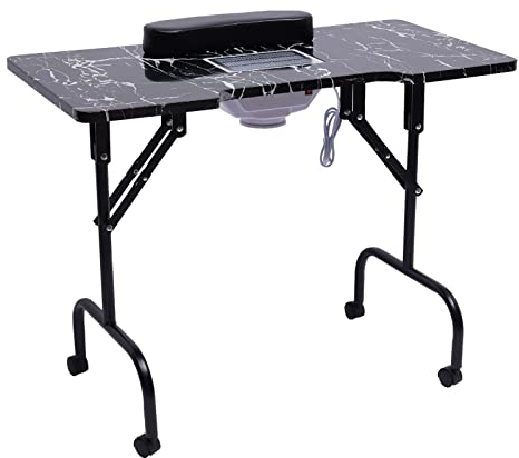 Mesa de manicura portátil (con unidad de vacío), mesa de manicura plegable, mesa de manicura portátil (13 kg), mesa de manicura con cojín (negro + blanco)