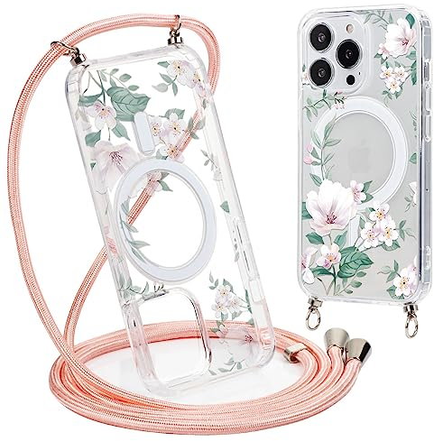 Yoedge Handyhülle Handykette für iPhone 15 Pro Max 6,7 Hülle mit Band,Transparent Magnetisch Case Kompatibel mit Magsafe,Silikon Stoßfest Kordel zum Umhängen Schutzhülle mit Aesthetic Muster 3-Blumen