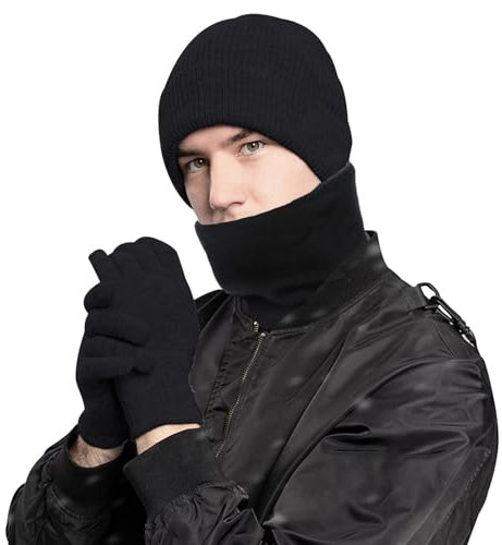 Ensemble Gants Bonnet Écharpe Hiver Femme Homme 3 en 1,Bonnet Homme Hiver Chaud,Gants Hiver Homme Tactile,Cache Cou Hiver Unisexe pour Les Activités Sportives de Plein Air (Noir)