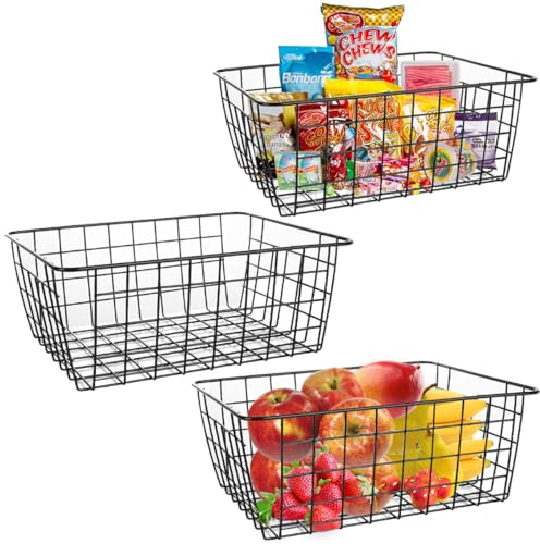 LOSYHU 3PCS Black Wire Masket Middle, Metal Basket for Pantry, Freezer Storage Baskets, Wire Storage Baskets with Handle for kitchen cupboards, Home, Office, Bathroom