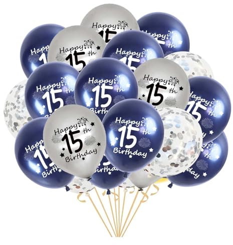 Luftballon 15. Geburtstag Deko Marineblau Silber, 15. Geburtstag Ballon, Junge 15. Geburtstag Luftballons, 15 Jahre Latex Konfetti Ballon Geburtstag Deko 21 Stück(15.)