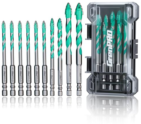 GRENPRO 10PCS Serrated Masonry Drill Bit Set, Hex Shank YG6X Carbide, 1/4 to 7/12 Industrial-Grade Eccentric Drill Bits for Concrete, Tile, Glass, Brick, Ceramic, Plastic, Wood, DIY & Home, Green