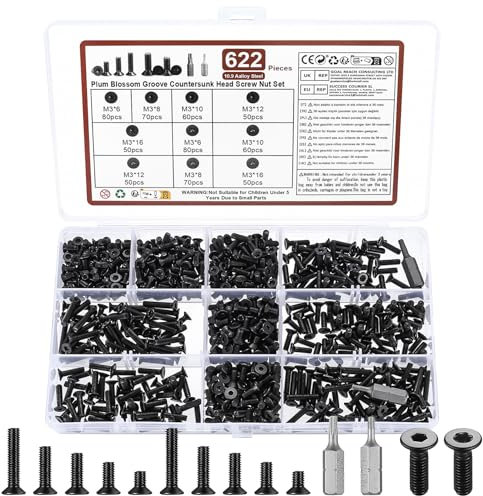 620 Pz Viti M3 Nere, Bulloni Viti a Testa Piatta Esagono Incassato + Bulloni Viti a Testa Svasata Torx, Bulloni Viti a Brugola a Testa Svasata con Esagono Incassato Set, Neri