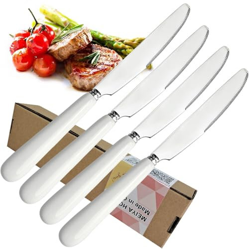 MEIYAHOME Coltello da bistecca con manico in ceramica bianca, lama in acciaio inox S42000, coltelli da tavola per hotel, 22cm, finitura lucida a specchio (4 coltelli coltello da pranzo)