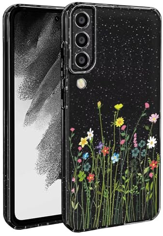 BEENTRYS Blumen Handyhülle für Samsung Galaxy A70,Glitzer Floral Aesthetic Design Frauen Mädchen Stoßfeste Weiche TPU Silikon Glitter Schutzhülle für Samsung Galaxy A70(S201-Schwarz)