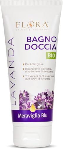 FLORA BagnoDoccia Lavanda, pack da 3 Pz da 200 ml, Meraviglia Blu BIO-COSMOS-BDIH con olio essenziale puro 100% di lavanda rigenerante lenitivo calmante e rinfrescante