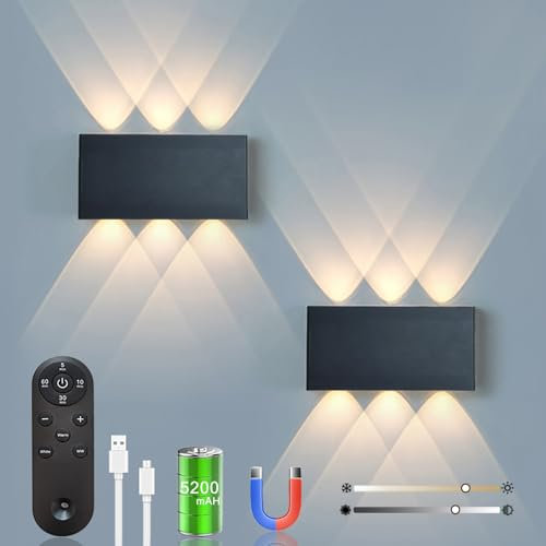 2pcs Akku Wandlampe, mit Fernbedienung Touch Control Schalter LED Magnetisch Akku Wandleuchte 5200mAh Kabellose Wandlampe 3 Modi Helligkeitsstufen, ideal für Loft Flur Schlafzimmer (Schwarz)