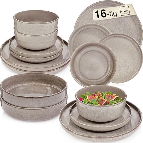 SÄNGER Kairo Clay | Tafelservice 16 teilig, Steingut Geschirr Set 4 Personen, 4x Speiseteller 4x Dessertteller 4x Schalen 4x Pastaschalen Geschirrset & Schale Grau, Teller Set | VALUE COLLECTION