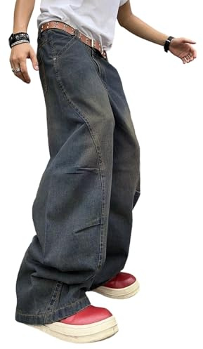 Zewool Mens Irregular Sutures Baggy Jeans Y2k Hip Hop Wide Leg Denim Pants Casual Fashion Trousers Streetwear Loose Fit Straight 2000s Relaxed Fit Sport Skater Jogging Skateboard,F Haze Blue,XL